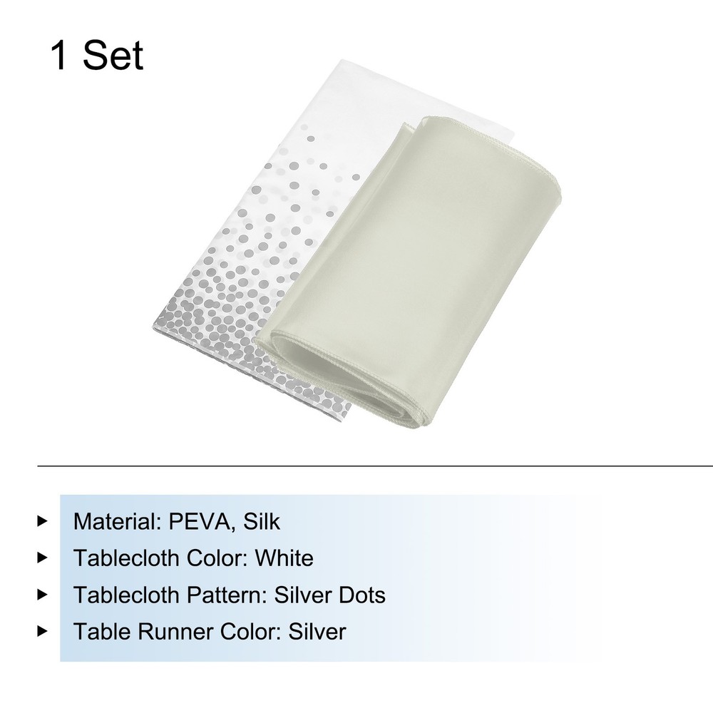 Silver Table Runner w White Plastic Tablecloth 54x108" Silver Dots 1Set