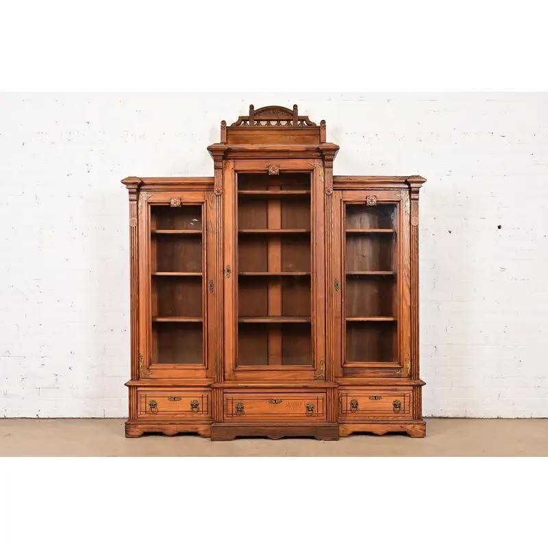 Herter Brothers Style Antique Victorian Carved Oak Bookcase Cabinet, Circa 1880s