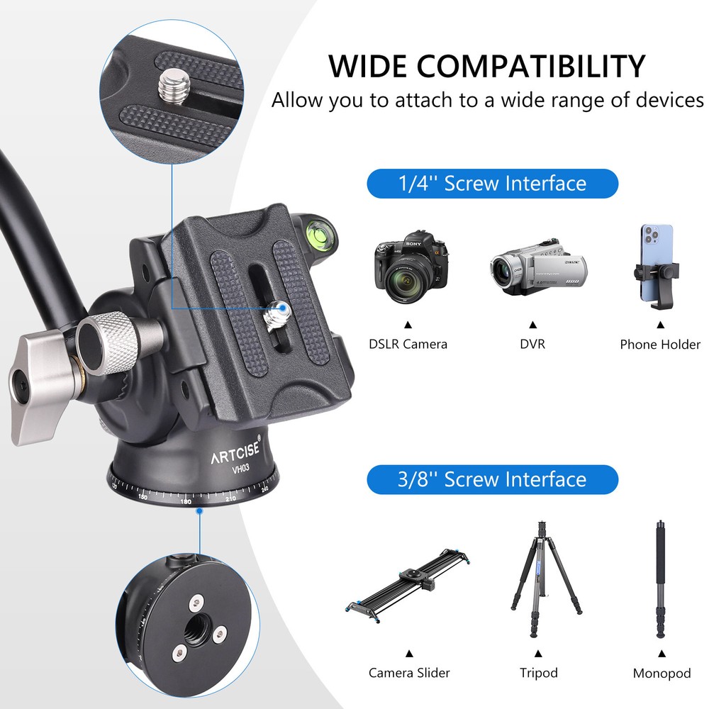 ARTCISE Panoramic Tripod Head Hydraulic Fluid Damping Head 1/4 3/8" for Camera