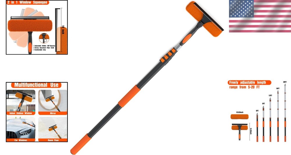 Multi-Surface Window Squeegee with 20FT Telescoping Pole & Streak-Free Finish