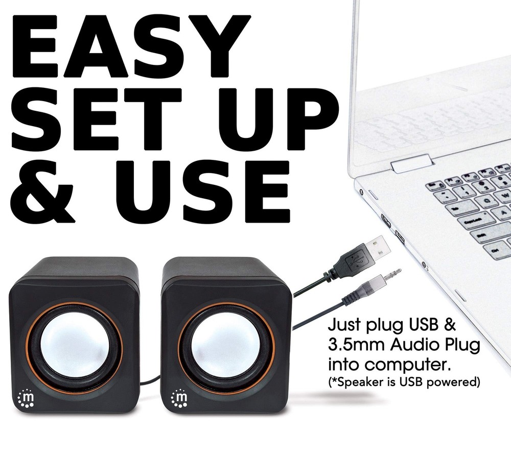 USB Powered Stereo Speaker System - Small Size - with Volume Control & 3.5 mm...