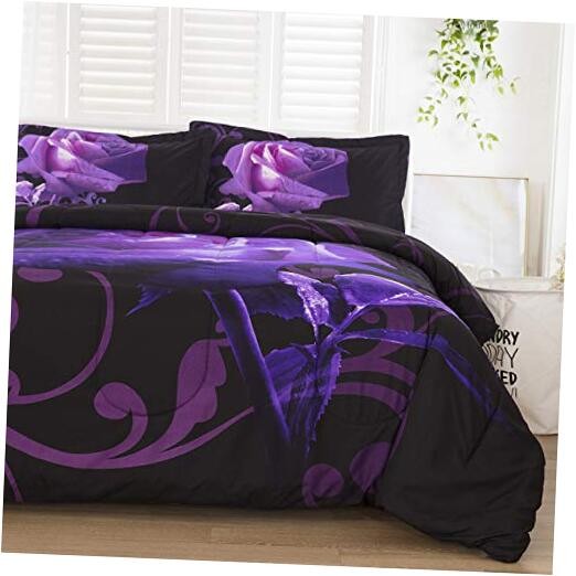 Purple Comforter Set Reversible Purple Rose Pattern Printed Bedding Down Queen