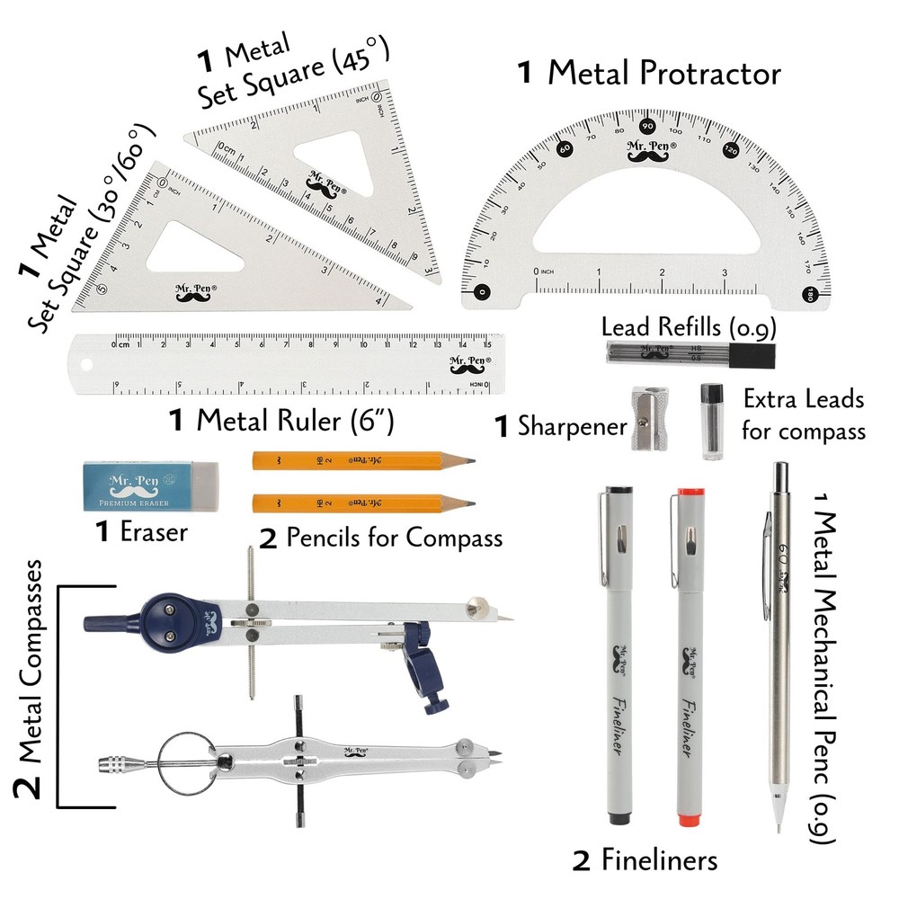 Mr. Pen- Professional Geometry Set, 15 pcs, Drafting Tools with Silver