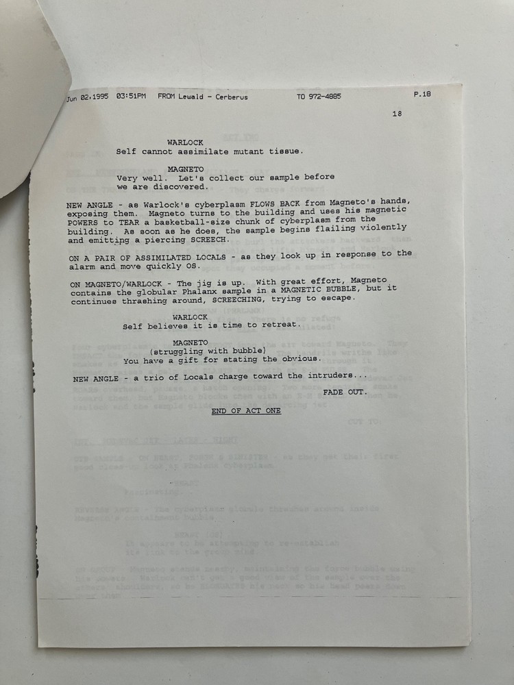 X-MEN AUTHENTIC 1st DRAFT SCRIPTS 'PHALANX COVENANT' Pts 1 & 2 + STUDIO TOPSHEET