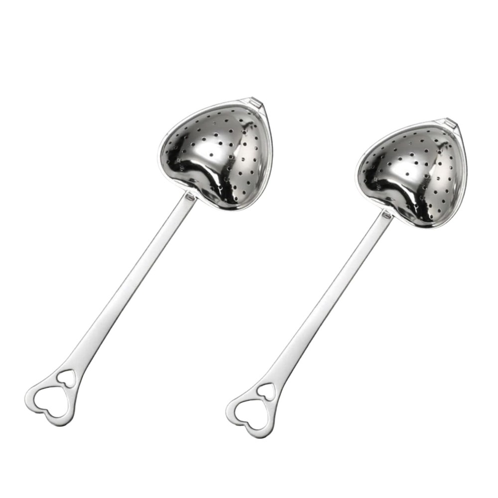 2 PCS Silver Tea Strainers Heart Shaped Infuser Filter Long Spoon Diffuser