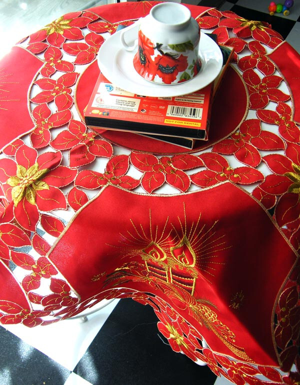 Gorgerous Red Embroidered Polyester Square Tablecloth Xmas 33" Cutwork Candles