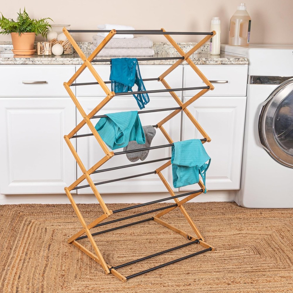Bamboo Adjustable Folding Clothes Drying Rack Upscale Laundry Rack
