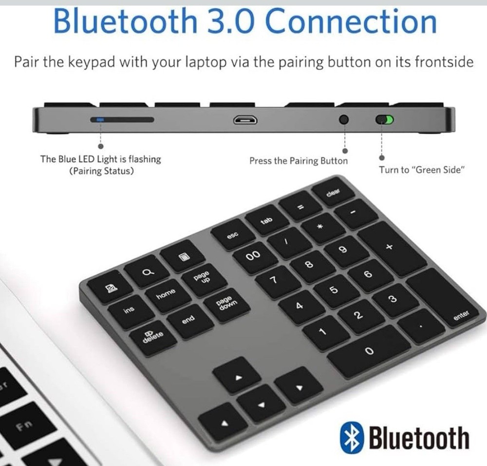 Bluetooth Number Pad Wireless Numeric Keypad USB-C Rechargeable External 34-K...