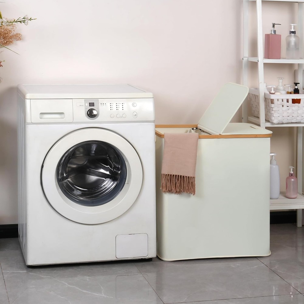 Laundry Hamper with Lid, Double Laundry Hamper with 2 Removable Bags, 2 Secti...