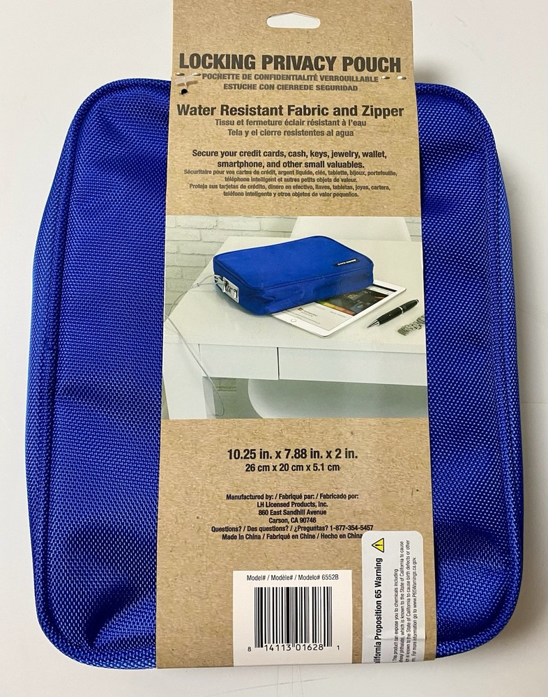 Locking Privacy Pouch Bag - SAFE INSIDE Blue Large w/ Combo Lock Latch & Tether