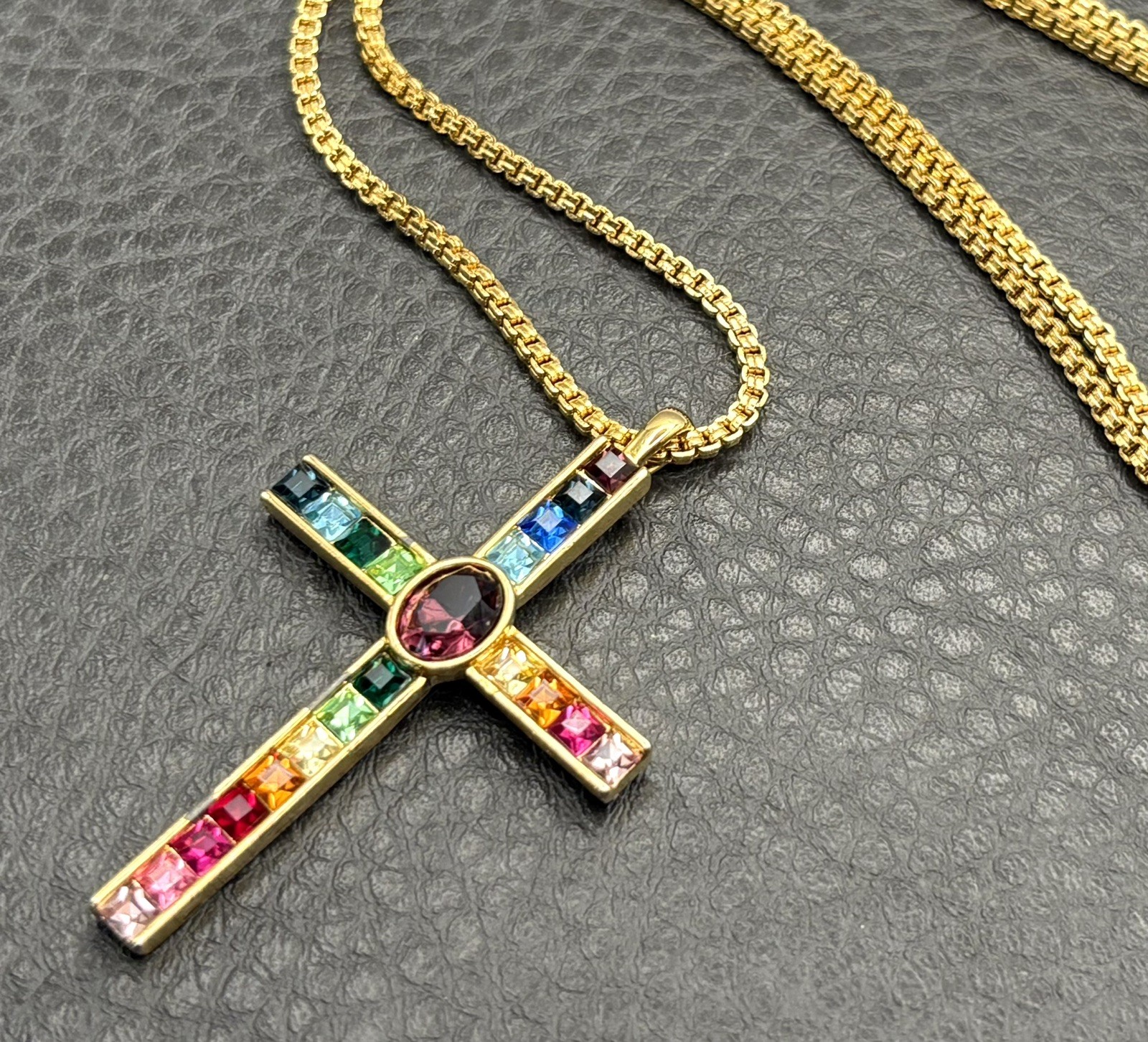 Nolan Miller Signed Gold Tone Chain Necklace PSCO 80s Rhinestone Crystal Cross