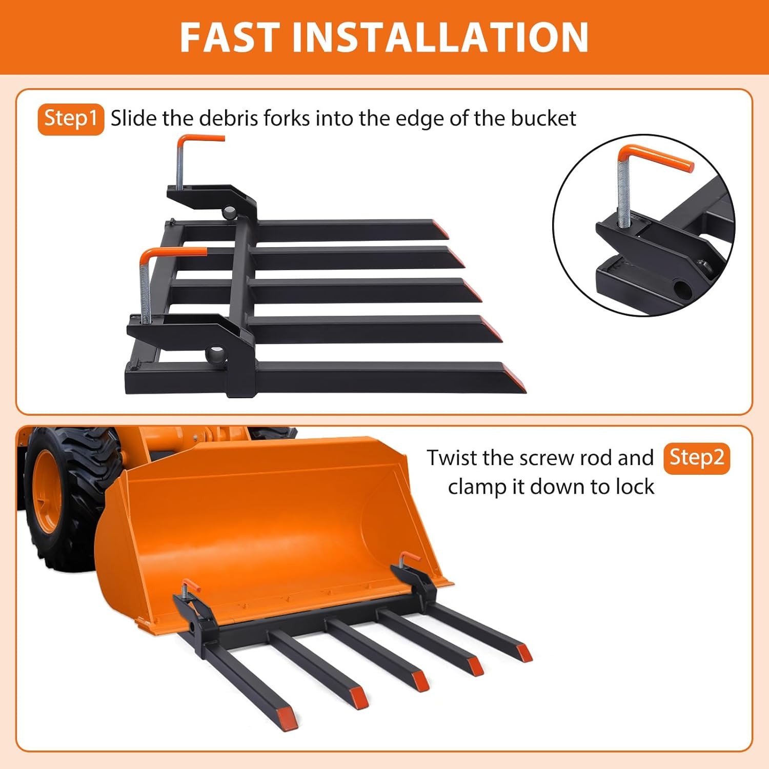 Clamp on Debris Pallet Forks to 48" Bucket 2500lbs Heavy Duty 5 Fork Tines