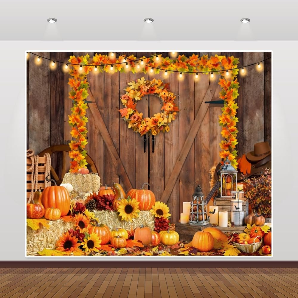 Fall Thanksgiving Backdrop 10x8ft Rustic Barn Autumn Pumpkin Haystack Friends...