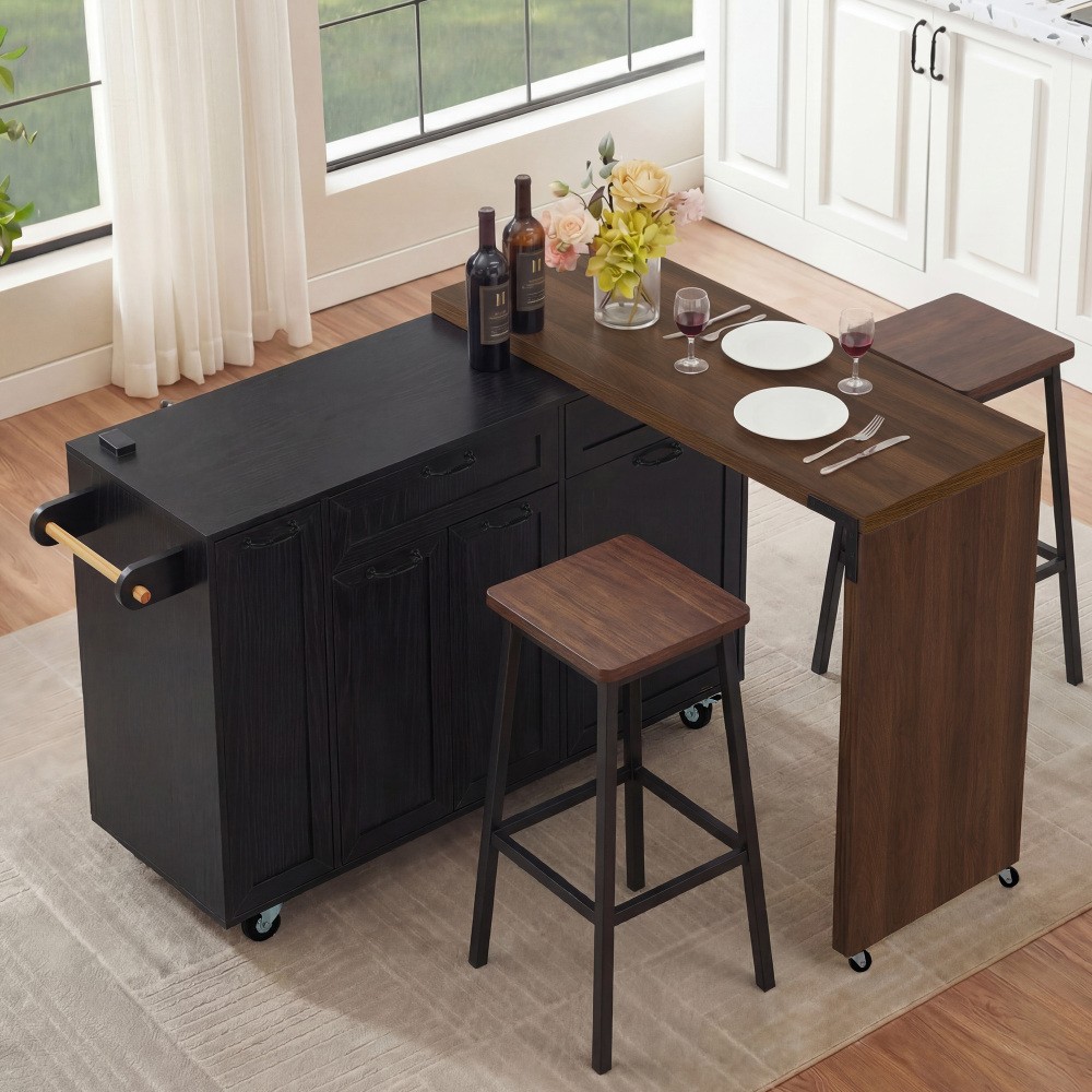 Rolling Kitchen Island with Extendable Dining Table Concealed Trash Storage