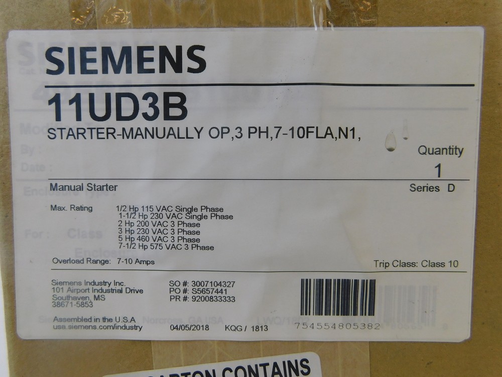 Siemens 11UD3B Manual Starters