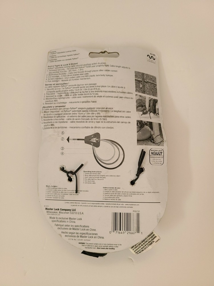 Master Lock Cable Lock, Python Adjustable Keyed, 6 ft. Long, Black 8418D