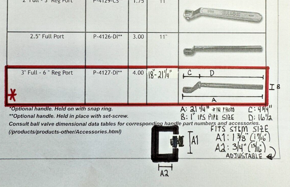 BALON 4127 Ball Valve Handle Fits 3" Full Port thru 6" Regular Port, All Classes