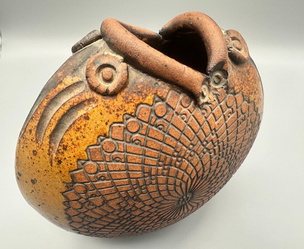 Brown Earthenware Vase Two Fish Geometric Design Unique 8.5” Diameter