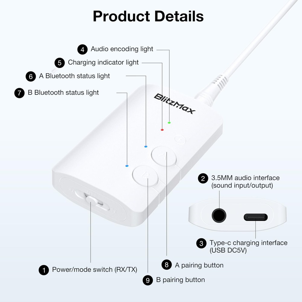 Bluetooth 5.3 Adapter Transmitter/Receiver 2-in-1 Mini Wireless with 3.5mm Au...