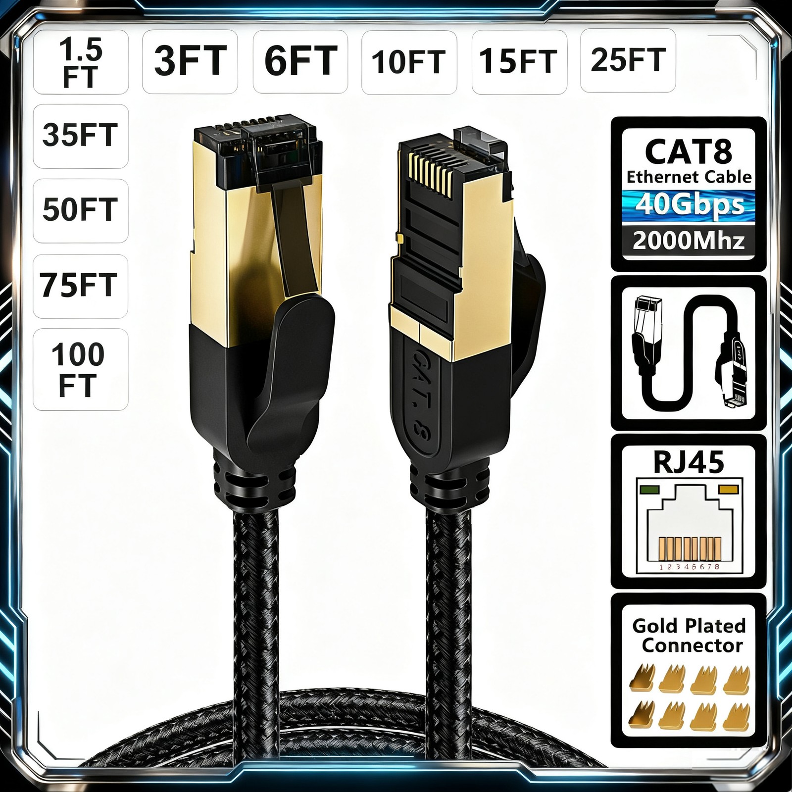 Cat 8 Ethernet Cable Braided 40Gbps 2000Mhz CAT8 Network Cord RJ45 LAN Cables
