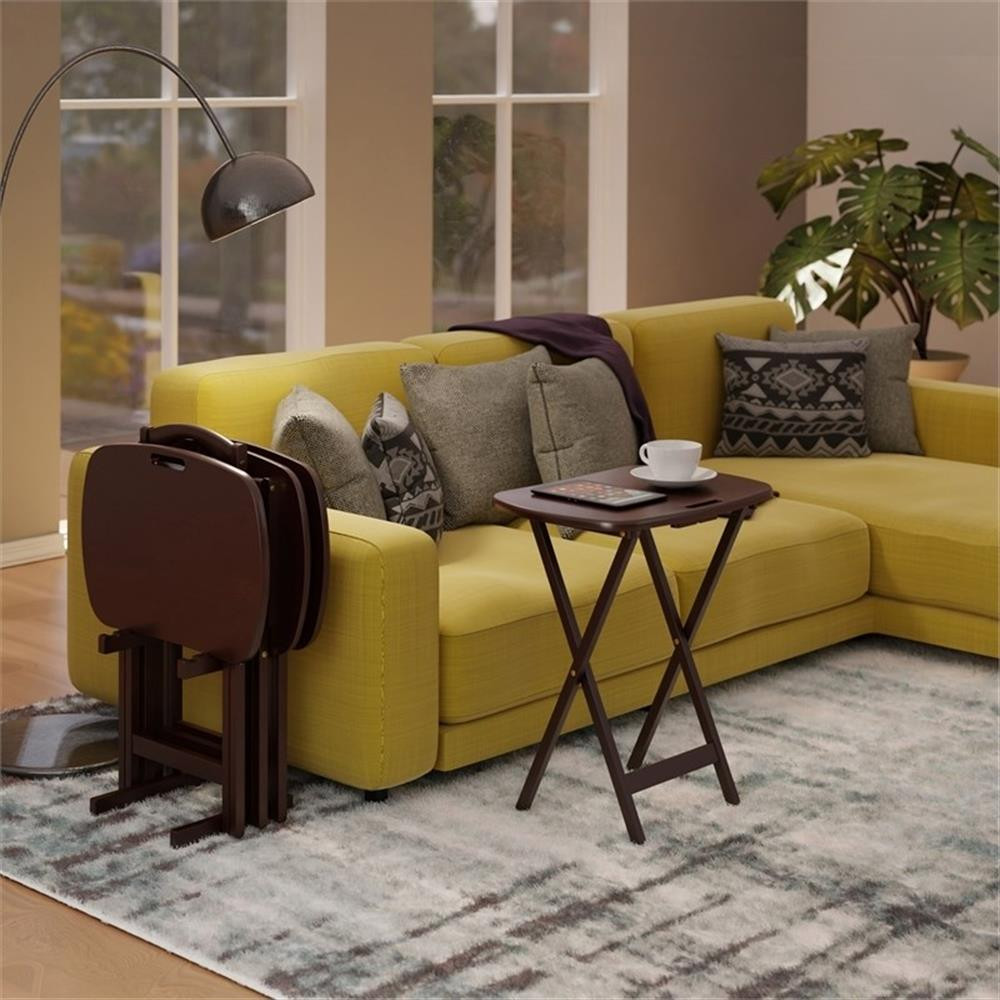 Pemberly Row 5-Piece Transitional Solid Wood Snack Table Set in Walnut