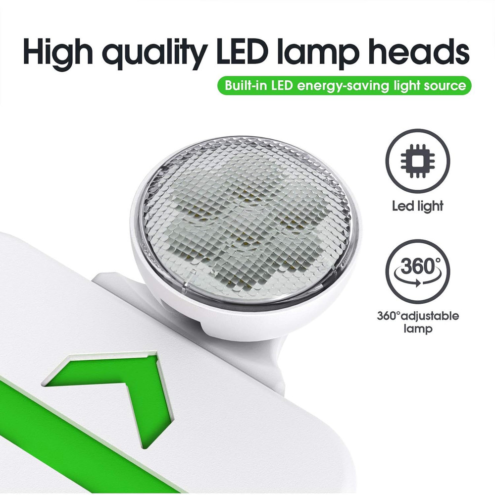 Green Led Exit Sign Emergency Light Combo Adjustable Two Head, Double Sided and