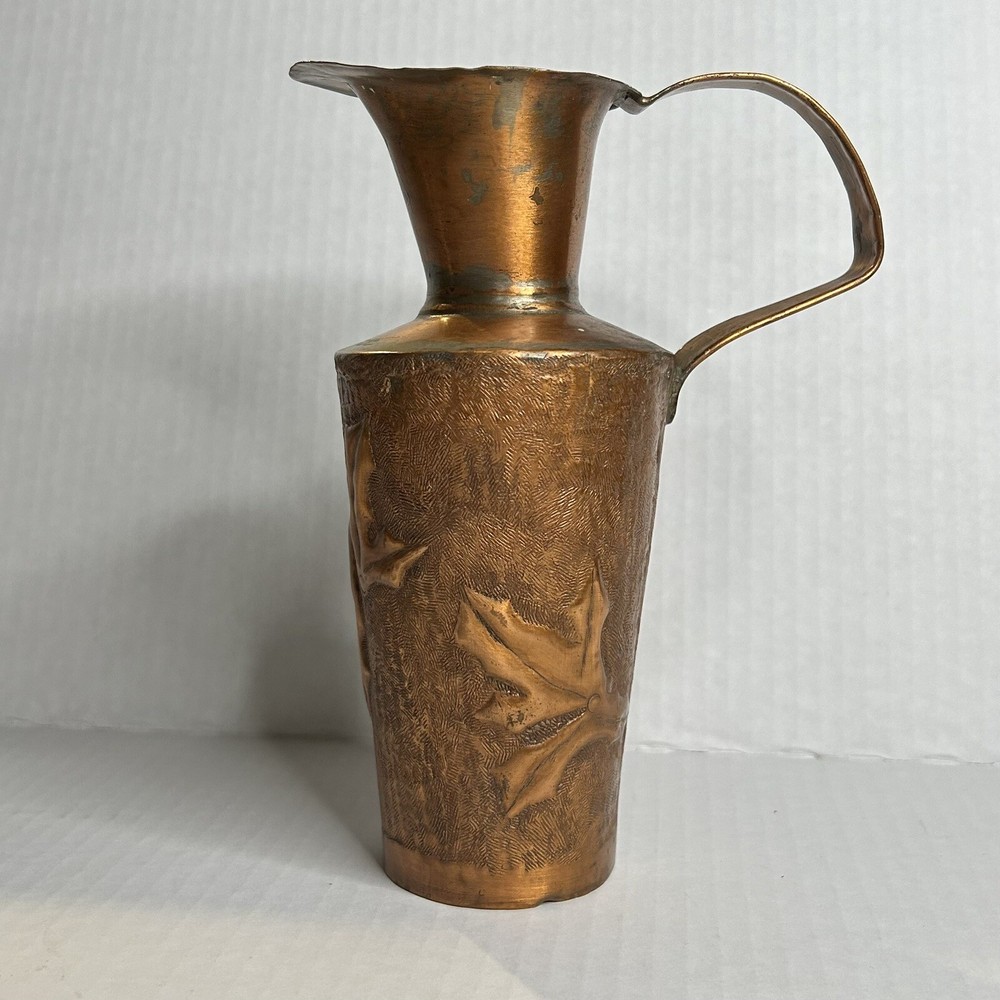 Antique Copper Hand Hammered 7” Pitcher With Stylized Leaf Forms