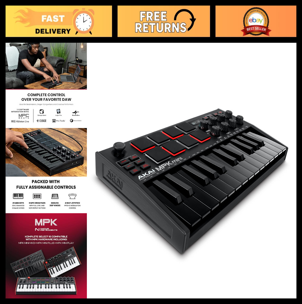25-Key USB MIDI Keyboard Controller with 8 Backlit Drum Pads & Knobs, Music Soft