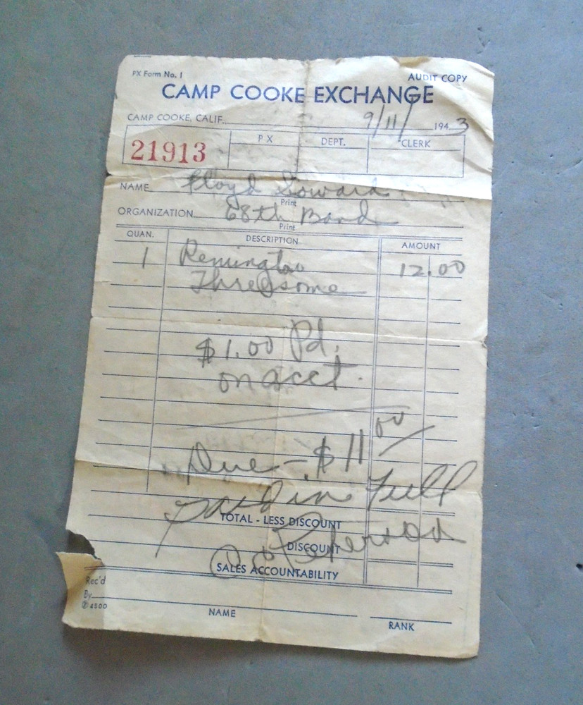 Camp Cooke (CA) 1943 Exchange receipt