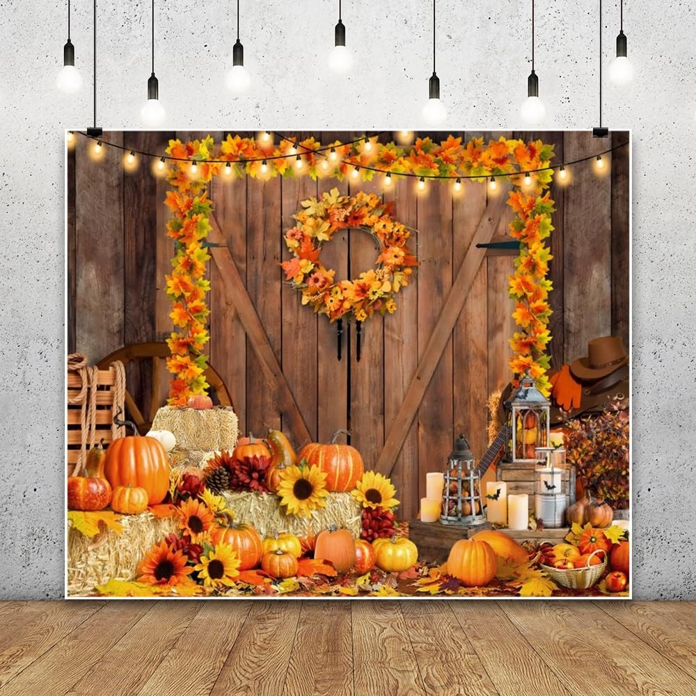 Fall Thanksgiving Backdrop 10x8ft Rustic Barn Autumn Pumpkin Haystack Friends...