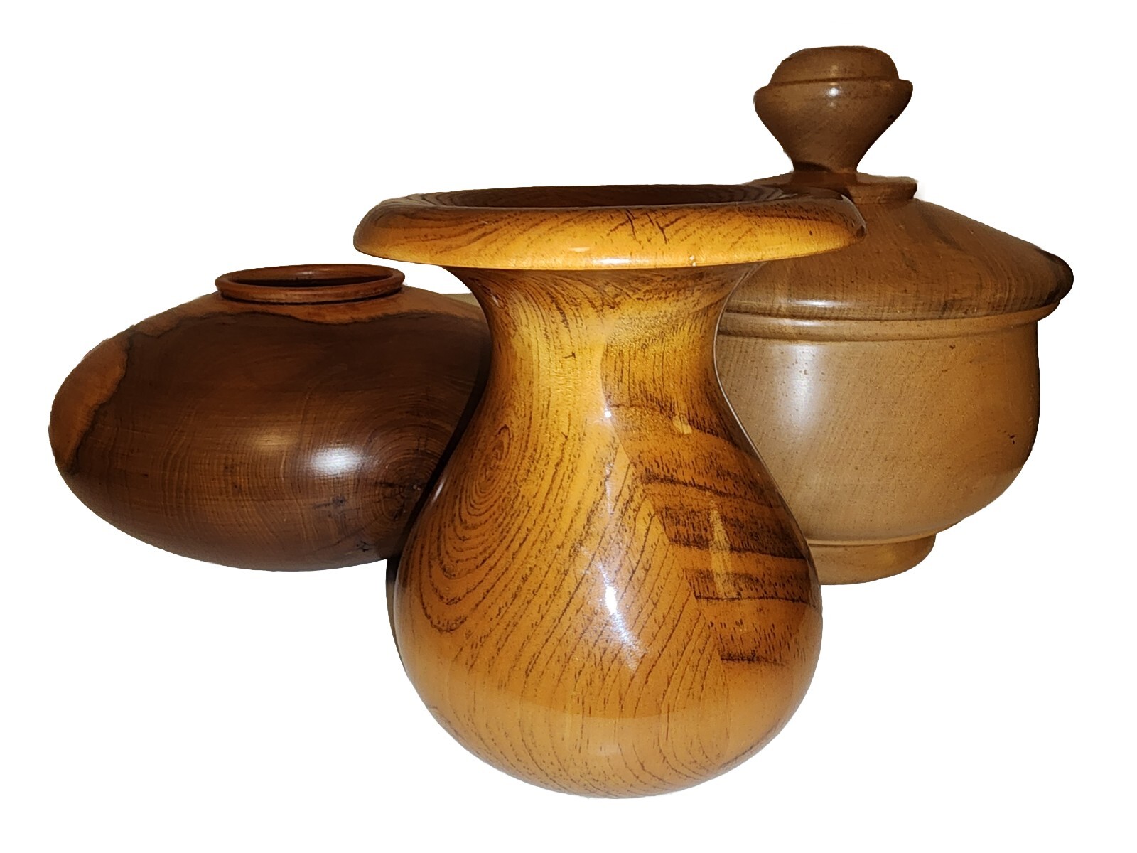Beautiful Vintage MCM Wooden Vase And Bowls. (Set Of 3)