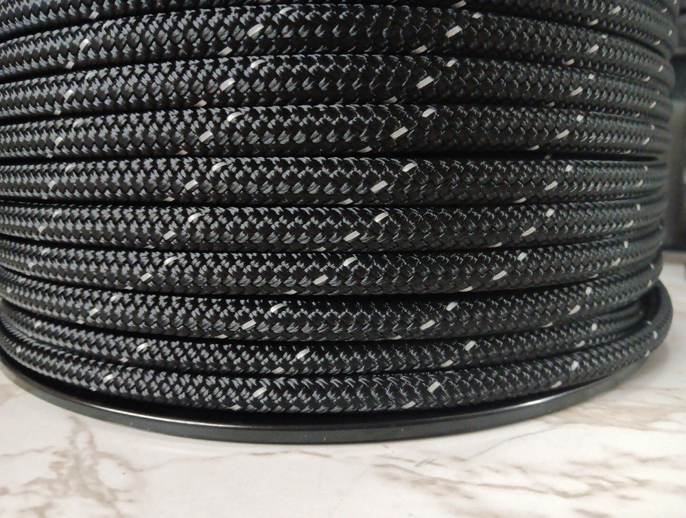 3/8 " x 60 ft. Double Braid-Yacht Braid Polyester Rope . Black/ Reflective