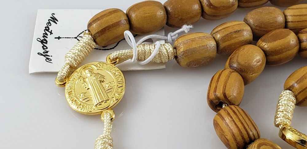 Medjugorje St Benedict LT BRWN Wooden Beads Catholic Rosary Handmade