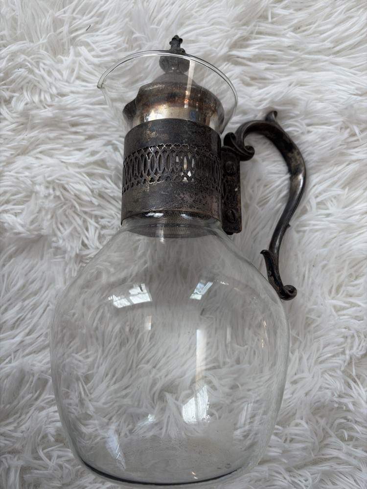 Vintage Chill-It Glass Pitcher Silverplate Mount Missing Ice Insert