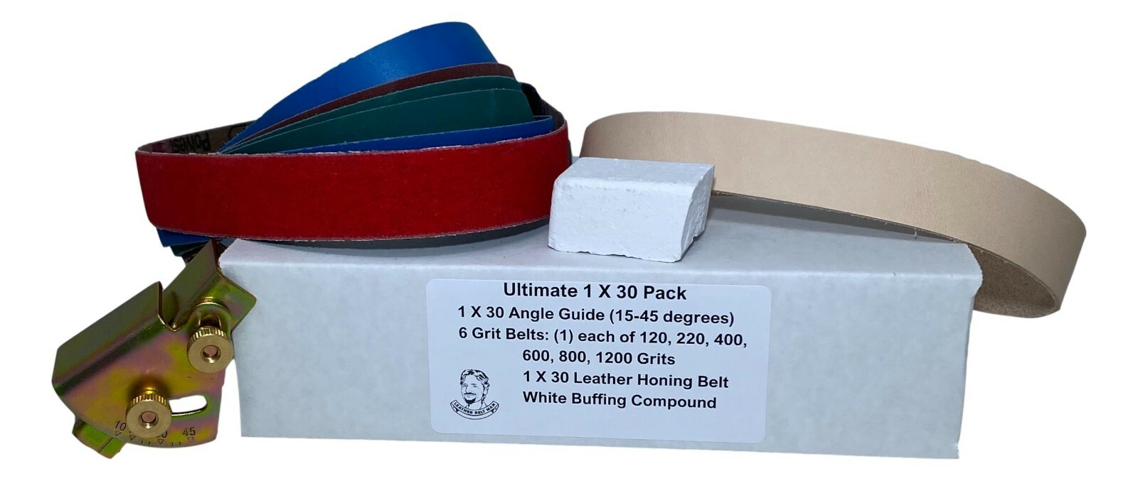 1 x 30 Ultimate Pack: 6 Grit + 1 Leather Honing Belt + Compound + Angle Guide