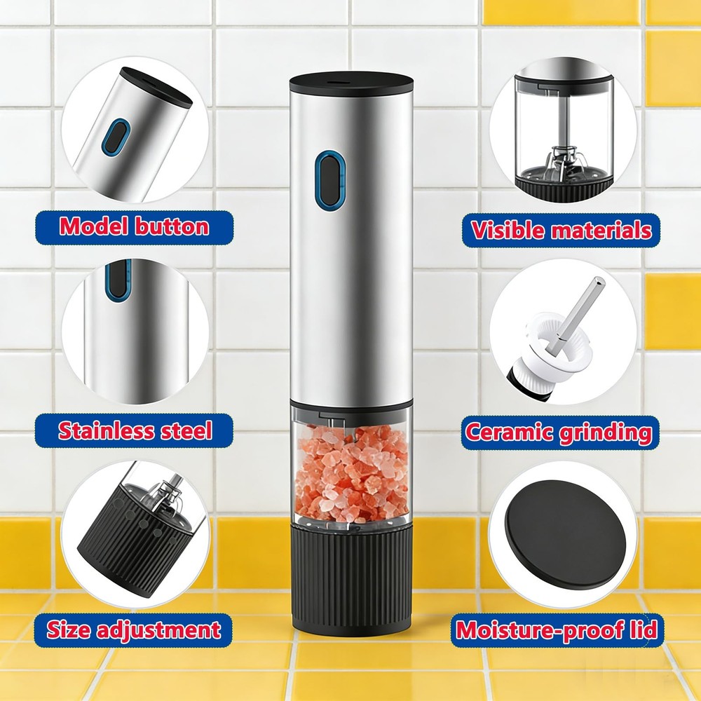 Salt and Pepper Grinder Set Rechargeable Automatic Mills with Light Adjustabl...