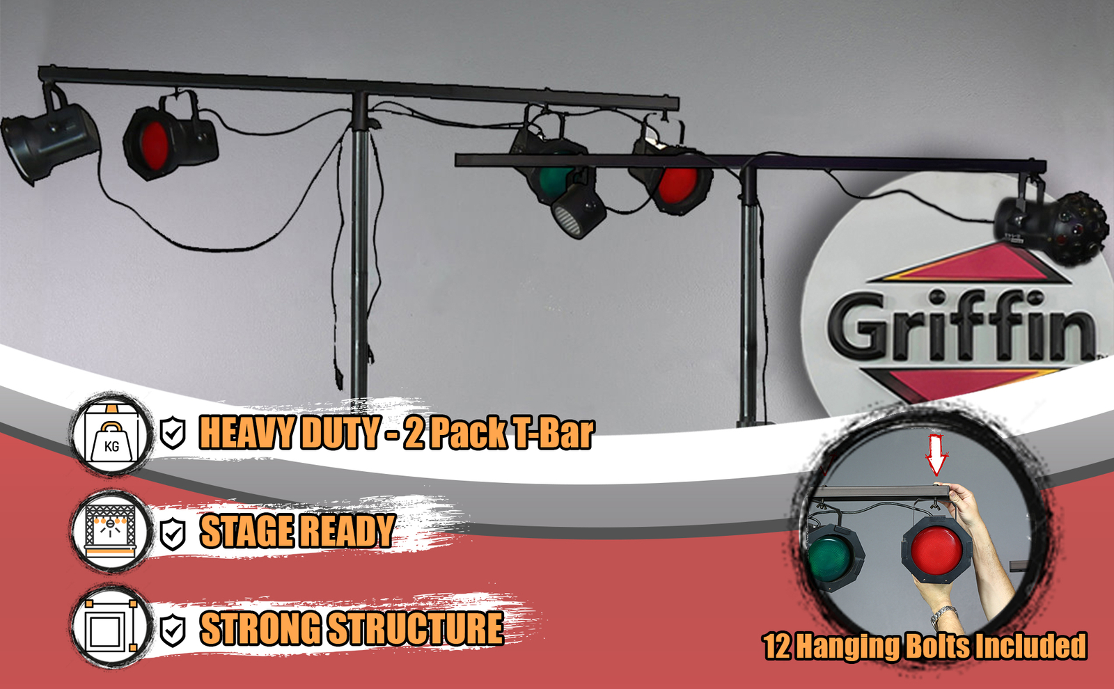 T-Bar Support Cross Bar Mount for DJ Lighting Tripod Stands - 2 Pack by GRIFFIN