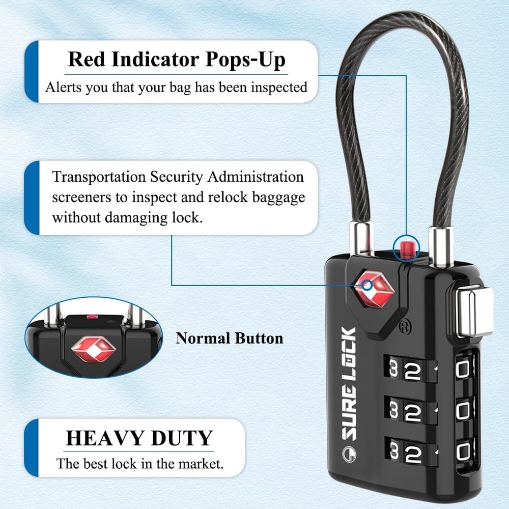 SURE LOCK TSA Compatible Travel Luggage Locks Inspection Indicator Easy Read ...