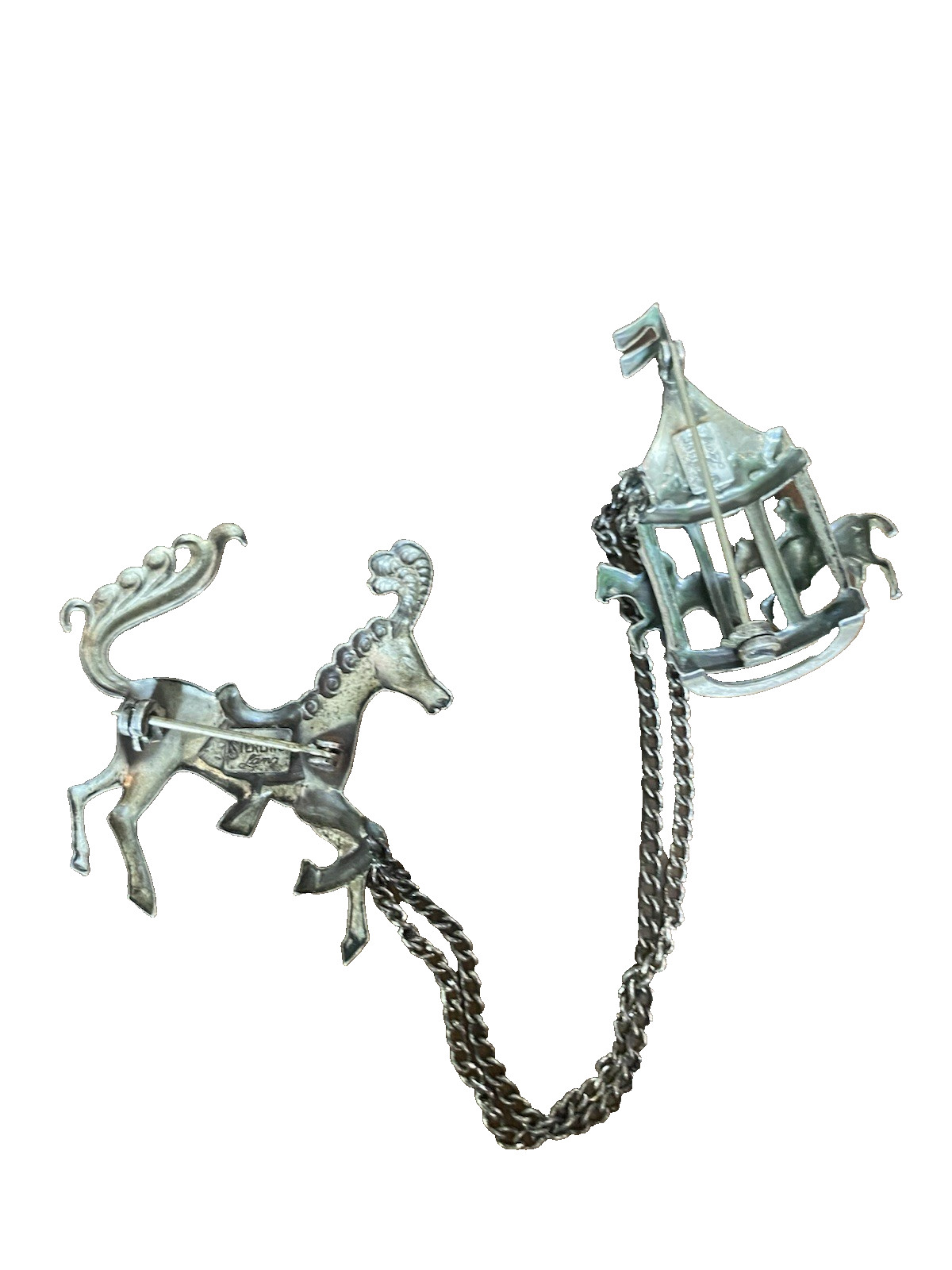 CAROUSEL HORSE and CAROUSEL on chain -LANG - STERLING SILVER - BROOCH/PIN 14 gr