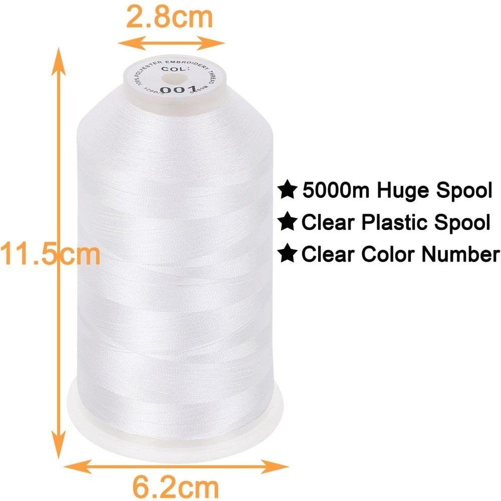 5000M White Polyester Embroidery Thread 40WT 2 Huge Spools for Commercial & Home