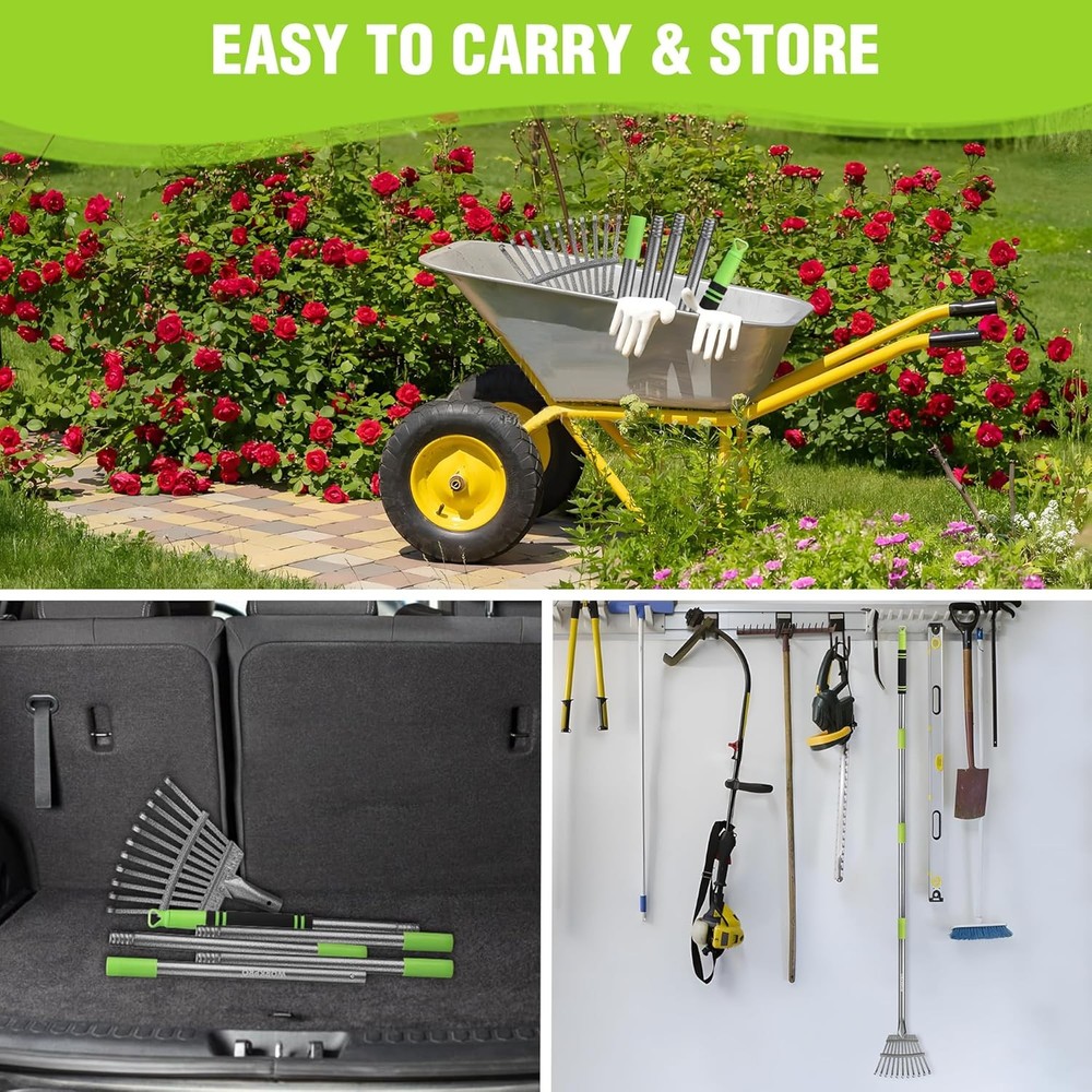 WORKPRO Rake, Small Rake for Leaves with 72” Adjustable Long Green & Black