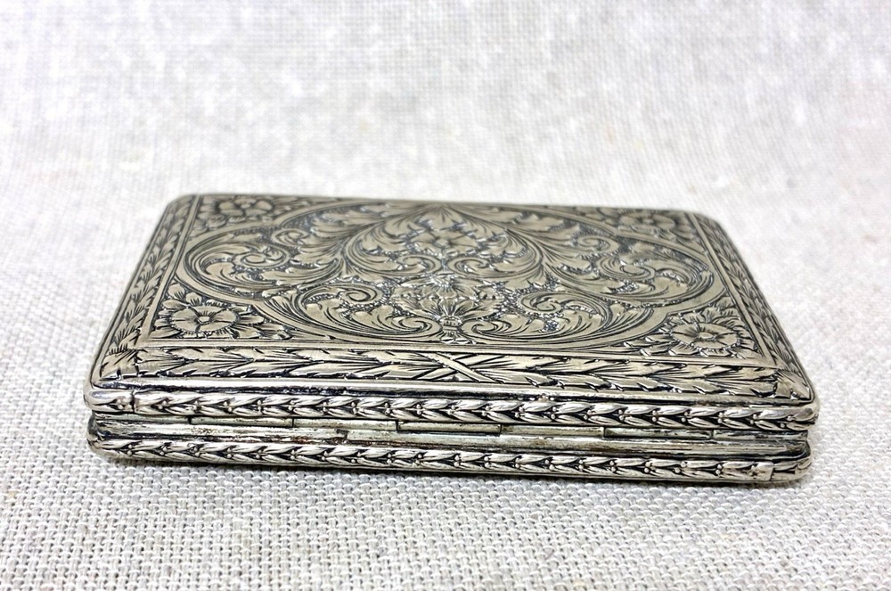 Antique 800 Silver Engraved Cigarette Case Snuff Trinket Box Ruby Clasp 86g