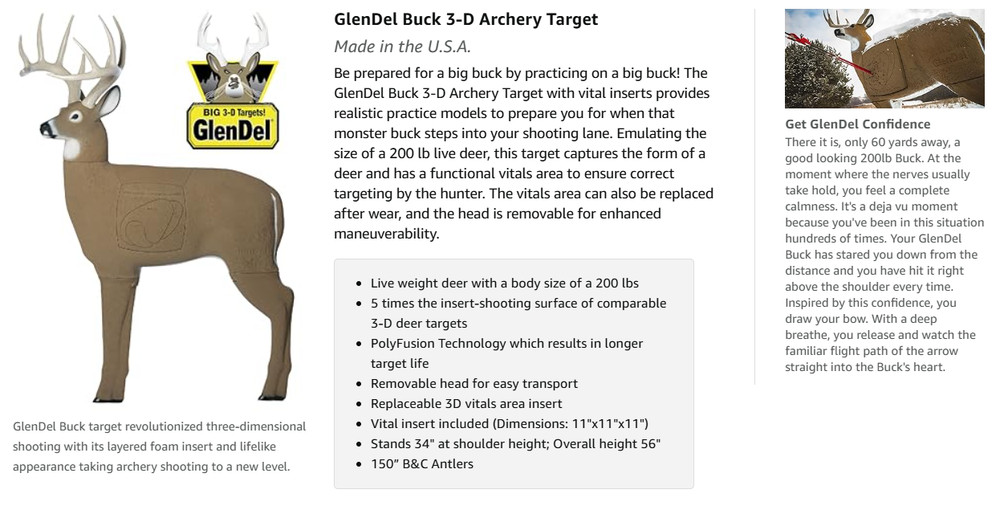 Buck 3D Archery Target with Replaceab Insert Core, GlenDel Buck w/4-sided Insert