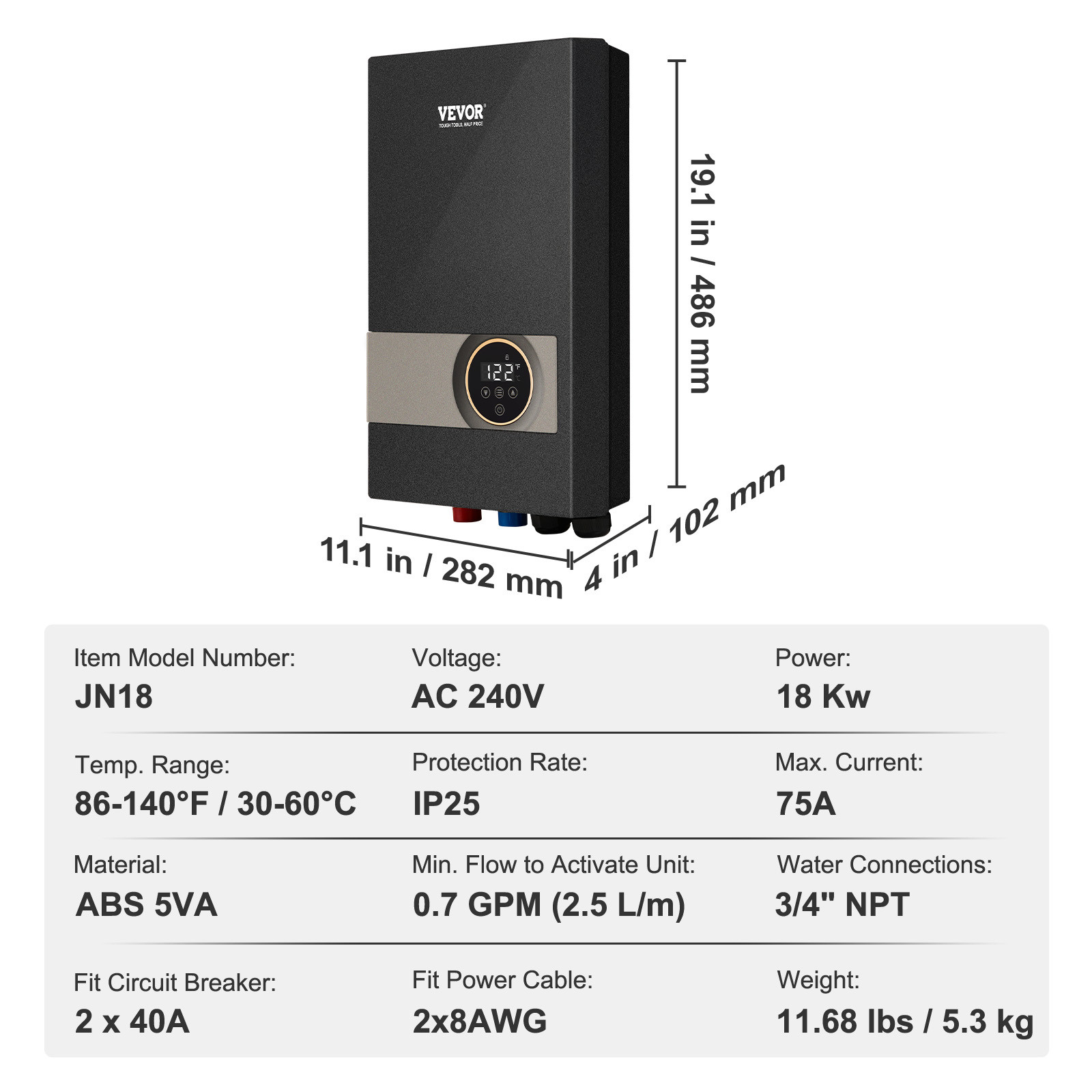 VEVOR 18KW Instant Hot Tankless Water Heater Electric LED Boiler IP25 for Shower