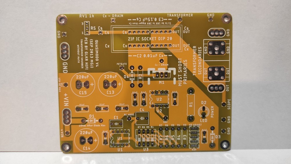 Custom Quasimodo V4 Transformer ringing Snubber Test Board for tuning Values
