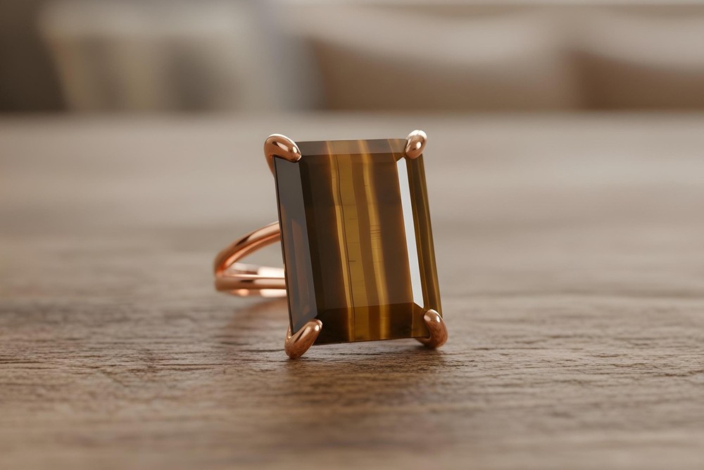 Sterling Silver Tiger Eye Ring Handmade Rectangle Gemstone Lightweight Fit