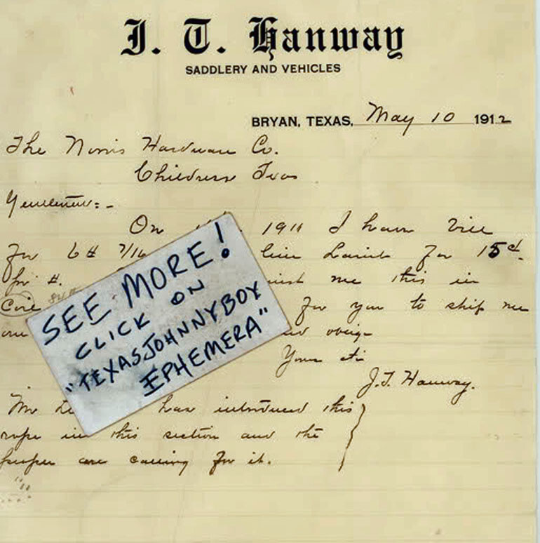 1912 LETTERHEAD Bryan Texas JOHN THOMAS HANWAY saddlery SADDLE MAKER saddles