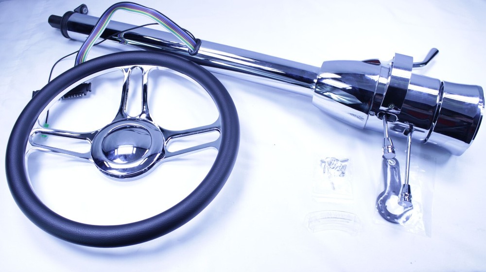 30" Chrome Automatic Auto Tilt Shift Steering Column & 14" Wheel Horn Button Kit