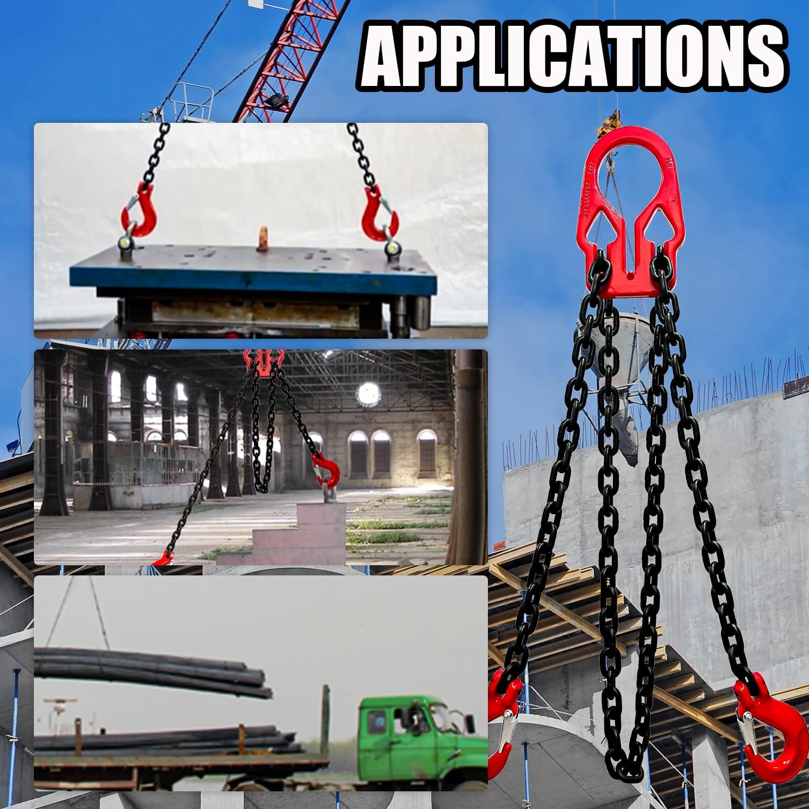 Adjustable Chain Sling 10FT 5/16”, 3.18 Ton G80 Alloy Steel Double Leg Slings