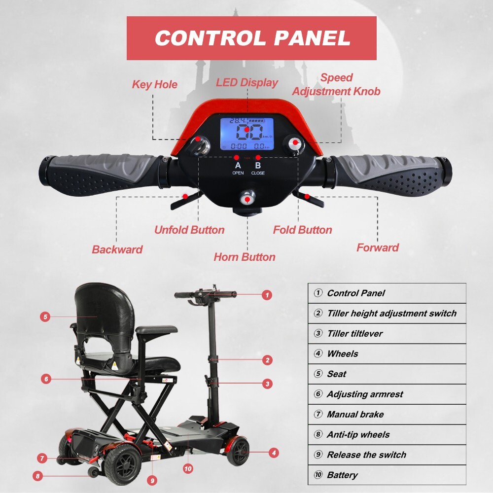 4-Wheel Lightweight Electric Foldable Automatic Mobility Scooter remote control